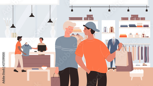Fashion discount sales flat vector illustration. Cartoon friends characters shopping with bags, client man buyer buying new clothes at salesman standing at counter in clothing retail shop background