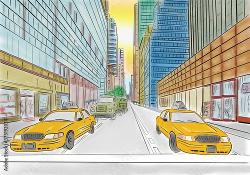 street view of New York, yellow taxi, sketch illustration