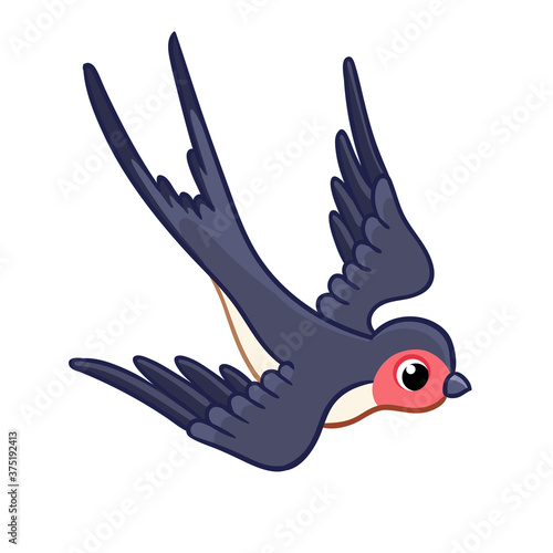 Cute swallow is flying rapidly to the bottom on a white background. Vector illustration with a bird.
