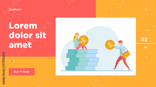 Man giving money to woman. Salary, family budget, banker flat vector illustration. Investment, saving, finance management concept for banner, website design or landing web page