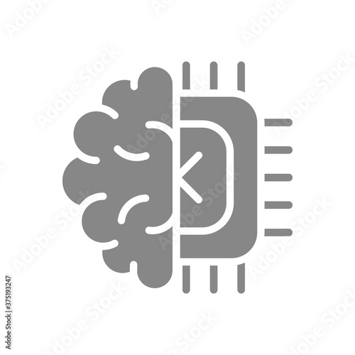 Brain with chip gray icon. Artificial intelligence symbol