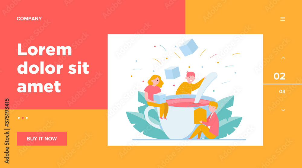 Happy people mixing sugar in big cup of tea. Spoon, office, lunch flat vector illustration. Hot beverages and coffee break concept for banner, website design or landing web page Happy people mixing sugar in big cup of tea. Spoon, office, lunch flat vector illustration. Hot beverages and coffee break concept for banner, website design or landing web page