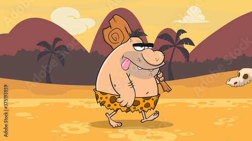 Caveman Funny Cartoon Character With Club Walking. Vector Illustration With Background