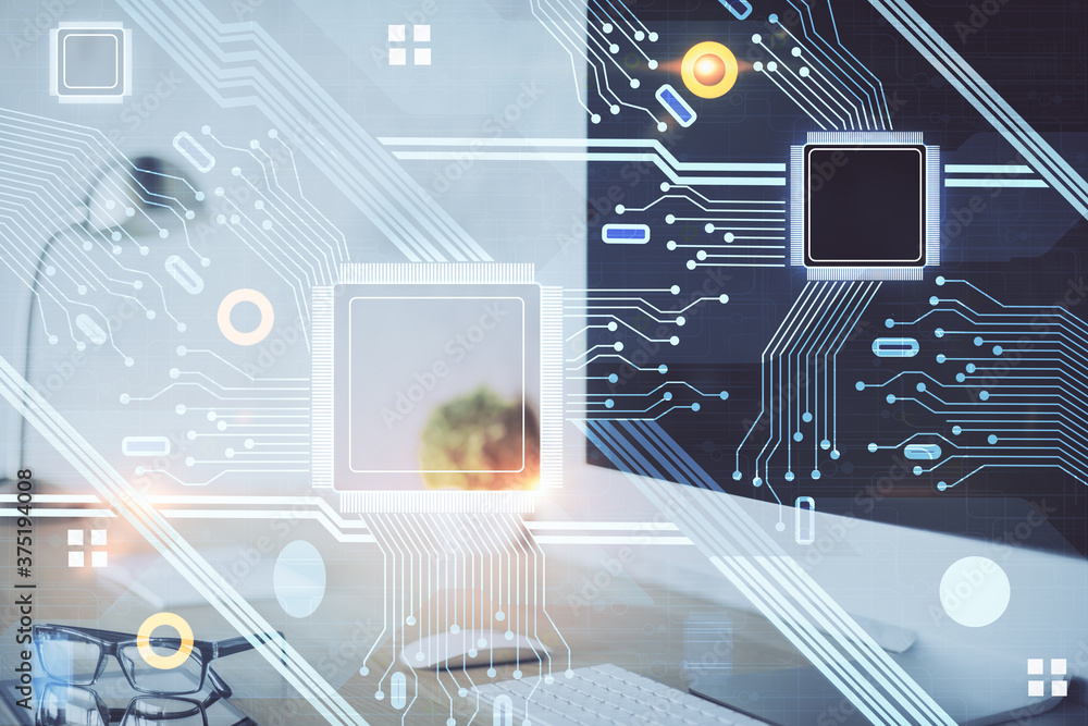 Double exposure of desktop computer and technology theme hologram. Concept of software development. Double exposure of desktop computer and technology theme hologram. Concept of software development.