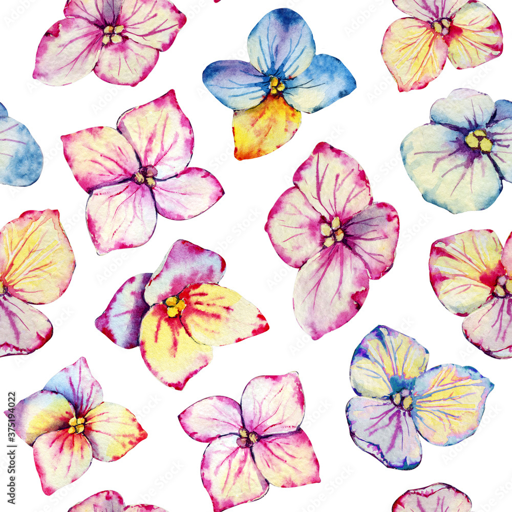 Fototapeta premium Seamless pattern with hydrangea flowers. Handmade watercolor illustration close up. For the design of wedding printed materials, invitations, congratulations, cover, clipart, wallpaper, wrapper