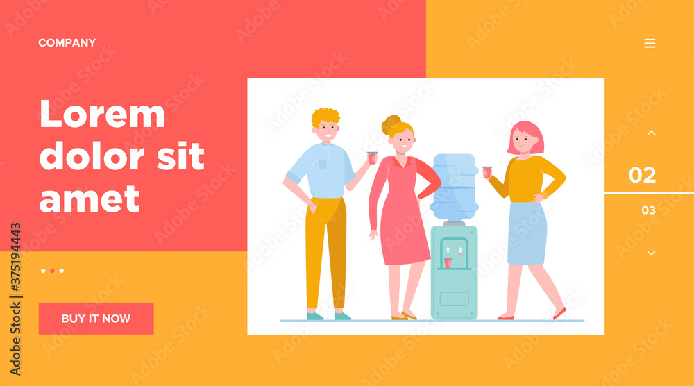 Positive people drinking water at cooler. Office colleagues, chatting, break flat vector illustration. Beverage, refreshment, watercooler concept for banner, website design or landing web page