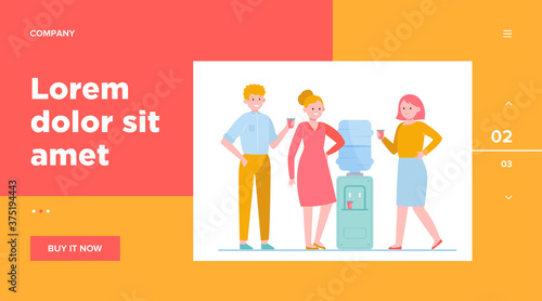 Positive people drinking water at cooler. Office colleagues, chatting, break flat vector illustration. Beverage, refreshment, watercooler concept for banner, website design or landing web page