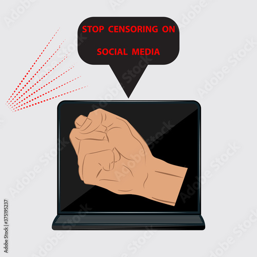 Fist on laptop screen - vector. Freedom of speech concept. Stop censoring social media. Freedom of information