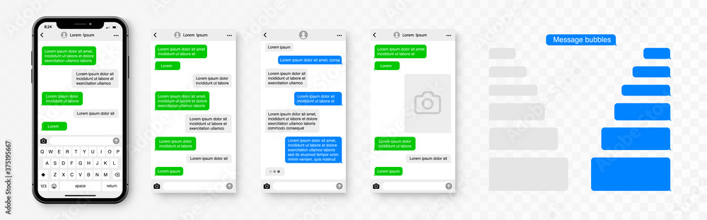 Message smartphone template. Message bubbles chat on smartphone icons. Phone chatting sms template bubbles. Place your own text - stock vector.