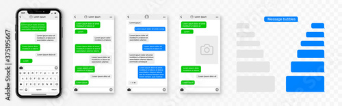 Message smartphone template. Message bubbles chat on smartphone icons. Phone chatting sms template bubbles. Place your own text - stock vector. photo