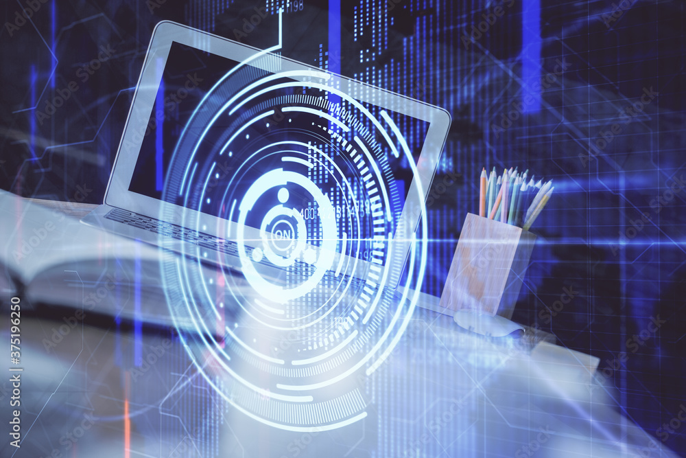 Double exposure of desktop computer and technology theme hologram. Concept of software development. Double exposure of desktop computer and technology theme hologram. Concept of software development.