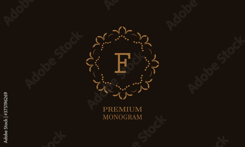 Luxury monogram design with the letter of the alphabet F. Elegant logo of the emblem of a restaurant, hotel, business. Can be used for invitations, booklets, postcards.