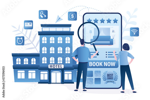 Couple of tourists search and book hotel room. Mobile reservation of apartments concept. Online booking application on screen,