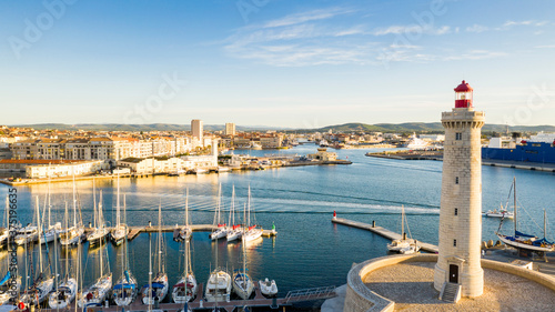 Aerial panorama of the port of Sete on a summer morning, in Herault in Occitanie, France photo