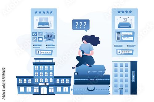 Woman tourist sitting on baggage and search hotel room. Mobile reservation of apartments concept. Girl use cell phone. Online booking,