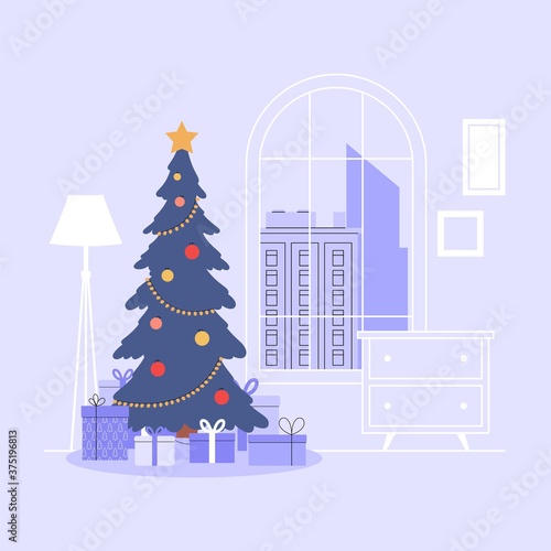 New Year and Christmas cards, banner or social media banner, flyer. Living room with a Christmas tree and a mountain of gifts. Cozy festive interior of the house.  
