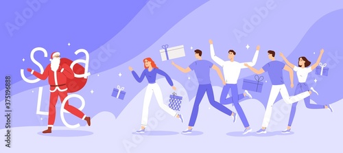 New Years and Christmas banner, flyer or landing page. Concept of New Years discounts. Santa is running ahead with a big red bag full of gifts and a crowd of people are chasing him. 