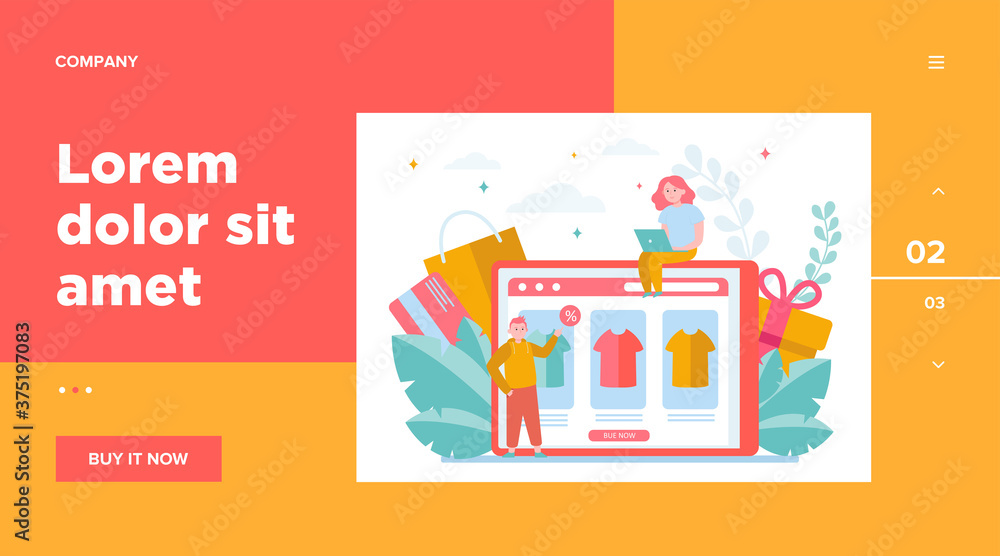 Happy people buying clothes online. T-shirt, percent, customer flat vector illustration. E-commerce and digital technology concept for banner, website design or landing web page