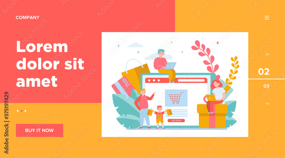 Happy people shopping online. Basket, tablet, customer flat vector illustration. E-commerce and digital technology concept for banner, website design or landing web page