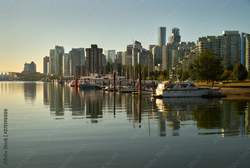 Morning Skyline Vancouver. The Vancouver skyline from the Stanley Park shoreline across Coal Harbor. British Columbia, Canada.

