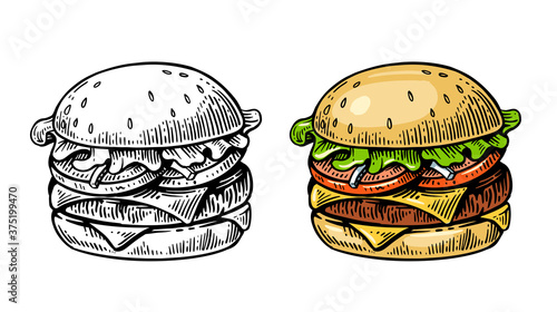 Burger in vintage style black and color