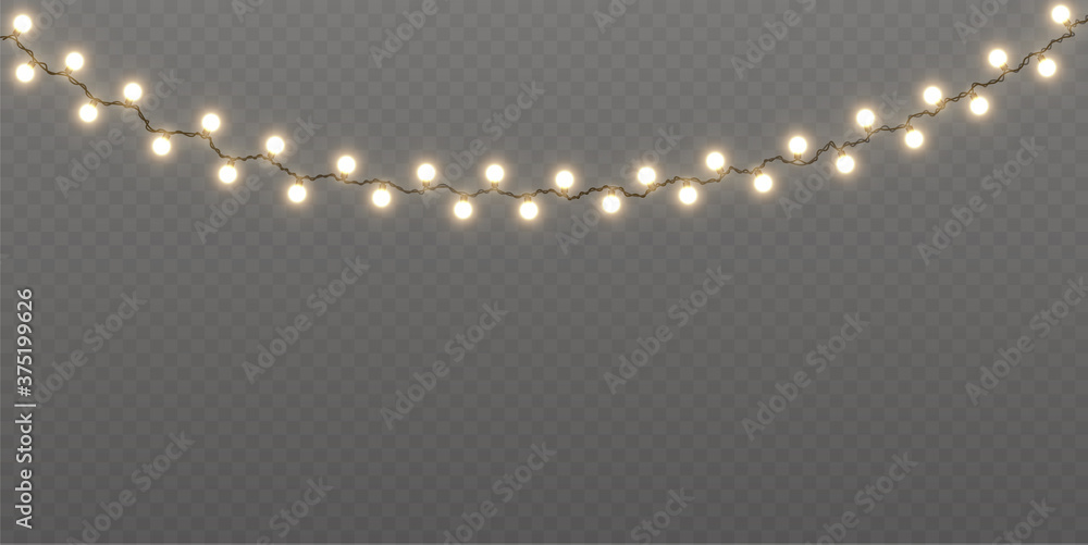 Light Christmas garland. Bright Christmas lights. Festive decor element. Garland colorful, shining on a transparent background. Isolated. Vector illustration.