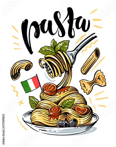 sketch Italian pasta with tomatoes on a fork