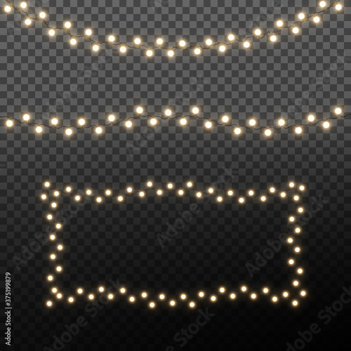 Light Christmas garland. Bright Christmas lights. Festive decor element. Garland colorful  shining on a transparent background. Isolated. Vector illustration.