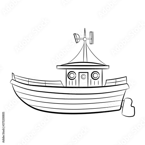 Old fishing boat icon. Pattern for coloring. Side view. Black contour silhouette. Vector flat graphic hand drawn illustration. The isolated object on a white background. Isolate.