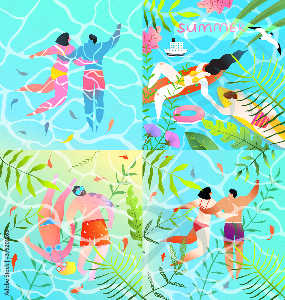 Tropical romantic paradise vacation together. Set of touristic flyers or greeting cards, people on vacation swimming relaxing in turquoise water romantic couple honeymoon vacation. Vector illustration