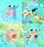 Tropical romantic paradise vacation together. Set of touristic flyers or greeting cards, people on vacation swimming relaxing in turquoise water romantic couple honeymoon vacation. Vector illustration