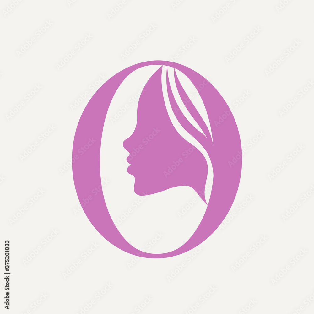 Letter O and woman portrait silhouette.Beauty and hair salon logo.Lettering icon.Alphabet initial and profile view face.Long hair.Cosmetics and spa logo isolated on light background.Pink color.
