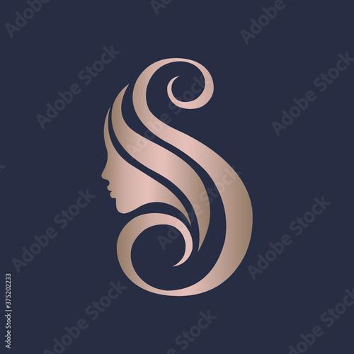 Letter S and woman portrait silhouette.Beauty and hair salon logo.Lettering icon.Alphabet initial and profile view face.Long hair.Cosmetics and spa logo isolated on dark background.Rose gold color.