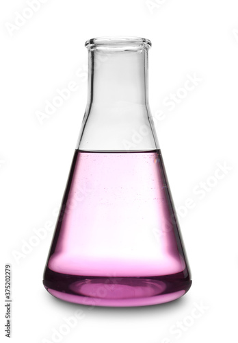 Glass conical flask with purple liquid sample isolated on white. Laboratory analysis