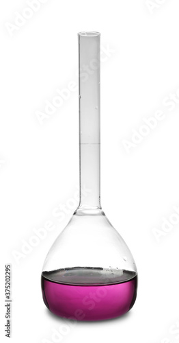 Glass volumetric flask with purple liquid sample isolated on white. Laboratory analysis