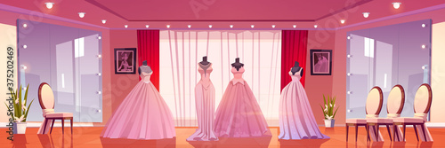 Bridal shop interior with wedding dresses on mannequins and large mirrors with lighting. Empty boutique for selling bride gowns, showroom with fashioned women dressing, Cartoon vector illustration