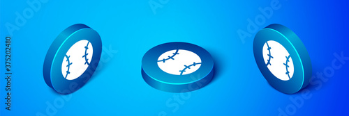Isometric Baseball ball icon isolated on blue background. Blue circle button. Vector Illustration.