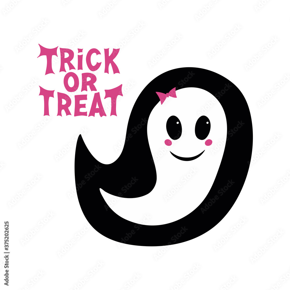 Cute girl ghost with pink blush, bow and trick or treat lettering. Halloween greeting card. Isolated on white background. Vector stock illustration. Cute girl ghost with pink blush, bow and trick or treat lettering. Halloween greeting card. Isolated on white background. Vector stock illustration.