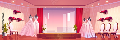 Wedding shore with luxury bride dresses and accessories. Vector cartoon interior of bridal boutique with mannequins with female gowns, big mirror, chairs and flowers
