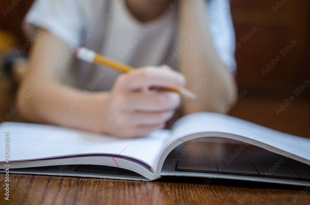 Child writes in a notebook with a pencil Child writes in a notebook with a pencil