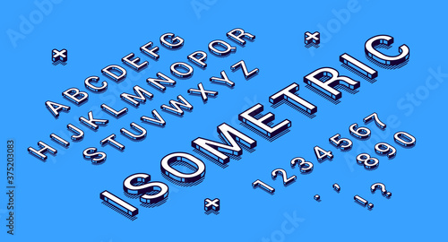 Isometric font, geometric 3d type. Vector creative typeface with black and white letters, numbers and punctuation with shadows on blue background. Trendy decorative alphabet