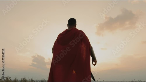 Muscular spartan in dry field, sunset.