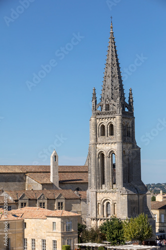  Bell tower of Monolithic Church in Saint Emilion. France. St Emilion is French village famous for the excellent red wine.