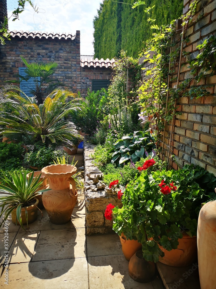 Obraz premium Widok na patio ze śródziemnomorską roślinnością. Akcenty w stylu prowansalskim. Ceglasty mur otoczony zielenią.