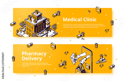 Vector banners of medical clinic and pharmacy delivery. Online drugstore service. Concept of healthcare, medicine and pharmacy. Isometric hospital building and smartphone with pill order