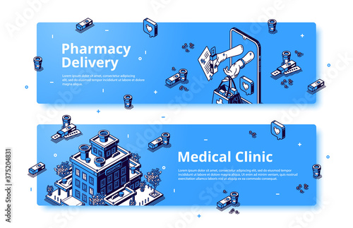 Medical clinic, pharmacy delivery isometric banner. Human hands give bag with drugs from smartphone screen, hospital building. Healthcare online service, business 3d vector line art web header, footer