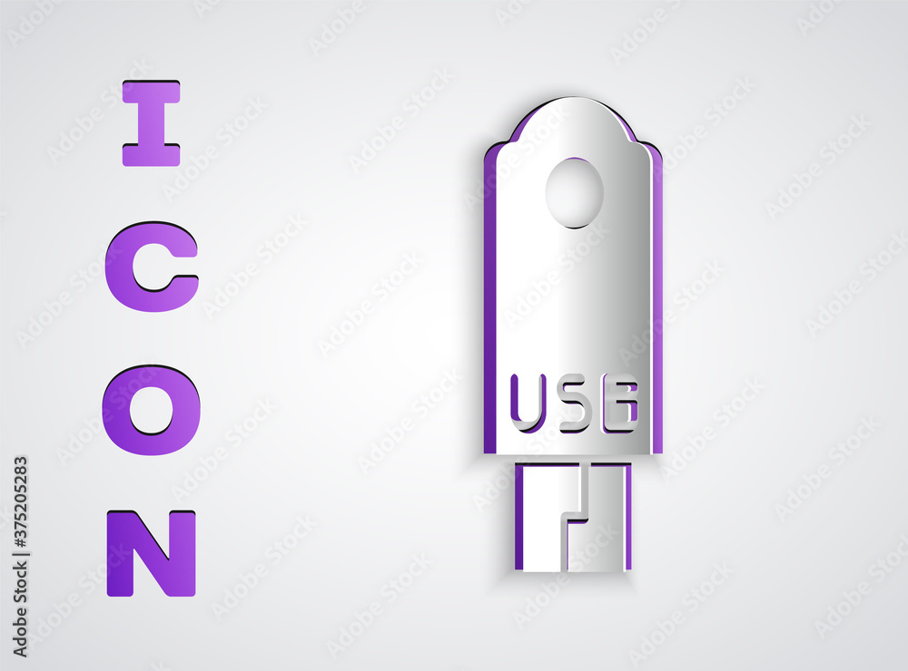Paper cut USB flash drive icon isolated on grey background. Paper art style. Vector Illustration. Paper cut USB flash drive icon isolated on grey background. Paper art style. Vector Illustration.