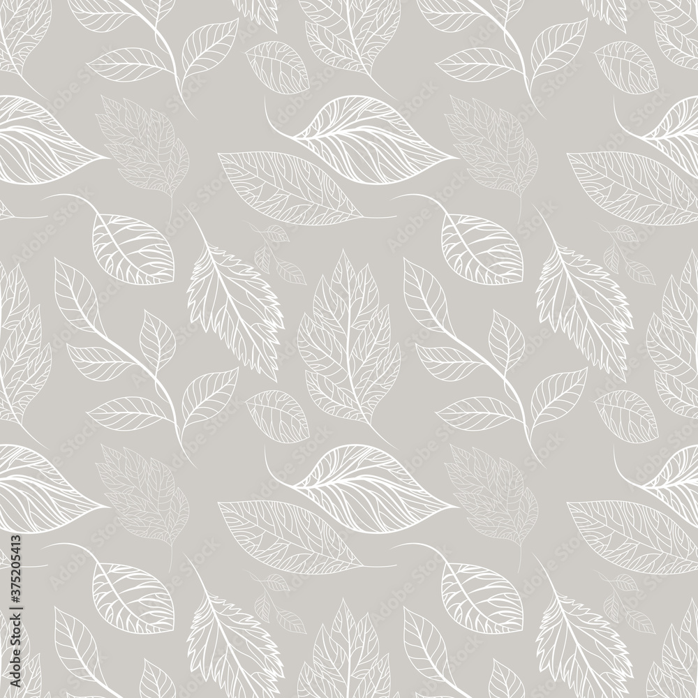 gray pastel seamless pattern with white leaves