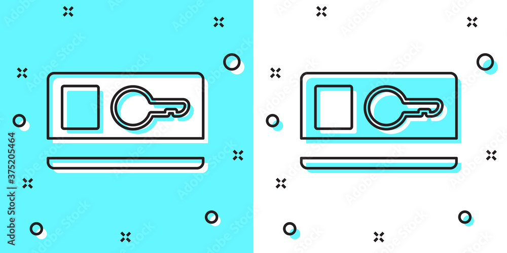 Black line Key card icon isolated on green and white background. Random dynamic shapes. Vector Illustration. Black line Key card icon isolated on green and white background. Random dynamic shapes. Vector Illustration.