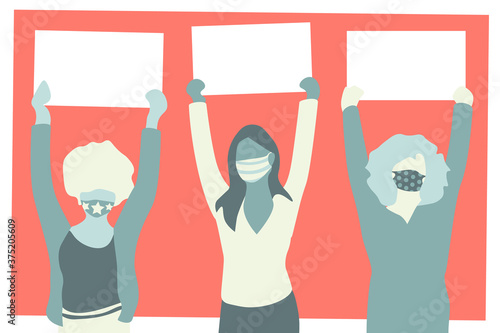Women in stylish medical mask holding blank placards and banners taking part in parade. Social activism. Diversity, women's right, movement. Vector illustration.